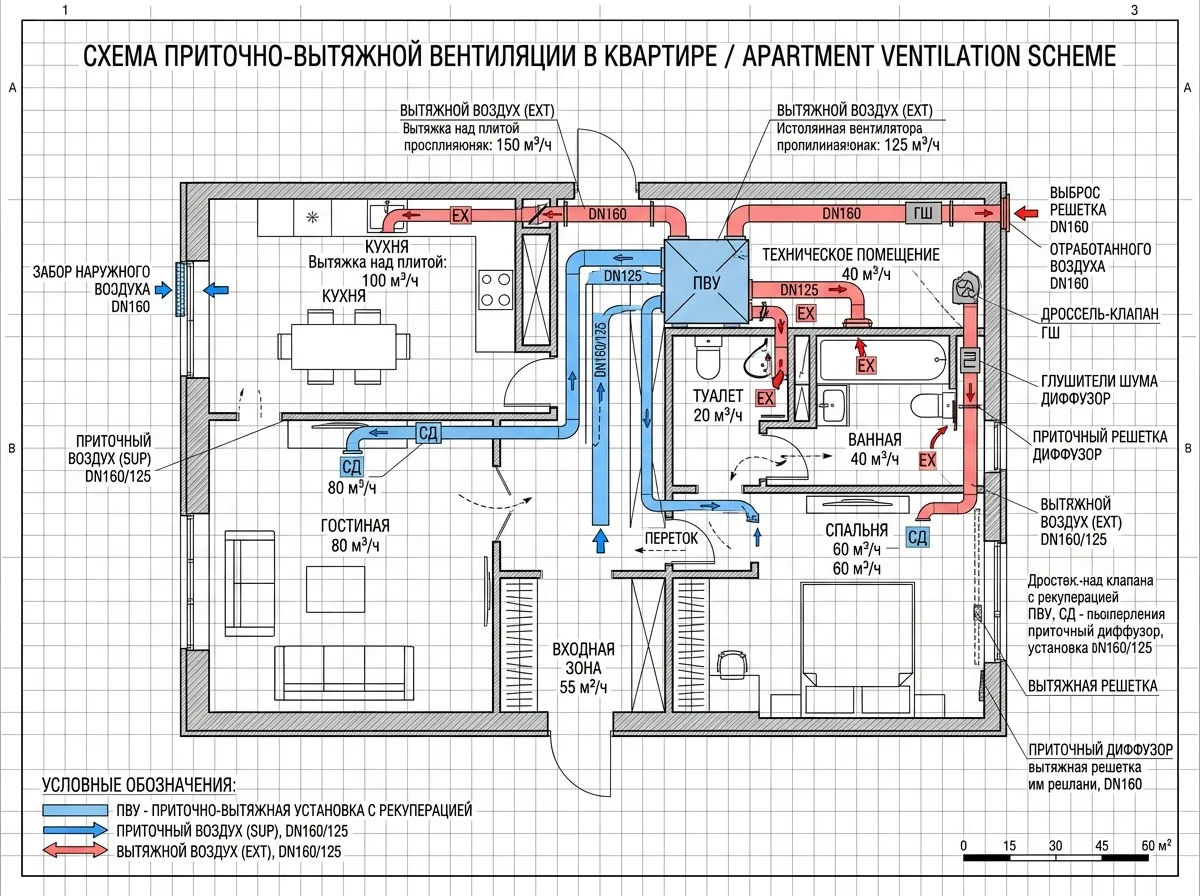 схема вентиляции в квартире, воздушные потоки, перегородки, инженерные узлы, технический чертёж
